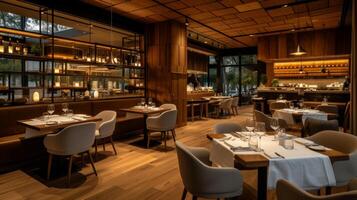 ai generiert ein modern Restaurant Innere entworfen zum anspruchsvoll Gaumen und ein erhöht Essen Atmosphäre. foto