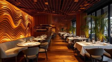 ai generiert ein modern Restaurant Innere ausströmend Raffinesse, einladend Gäste zu genießen exquisit Essen foto
