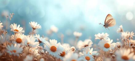 ai generiert ein Antenne Aussicht von Gänseblümchen und ein Schmetterling fliegend über ein Blau Himmel foto