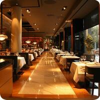 ai generiert ein modern Restaurant Innere ausströmend Raffinesse, einladend Gäste zu genießen exquisit Essen foto