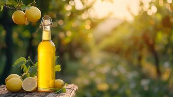 ai generiert Limoncello Flasche auf Sommer- verschwommen Bokeh Hintergrund foto