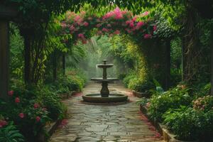 ai generiert romantisch Eskapade im ein üppig Garten, Ideal zum Liebesthema Werbung foto