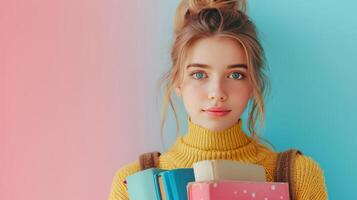 ai generiert minimalistisch lebendig Werbung Hintergrund mit gut aussehend Mädchen mit Bücher und Kopieren Raum foto