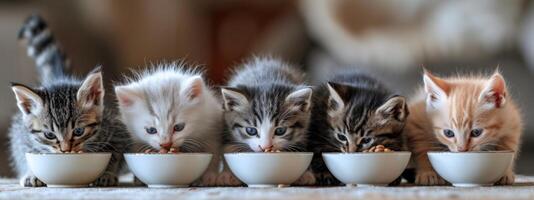 ai generiert sechs klein Kätzchen Essen Essen aus von ein Schüssel foto