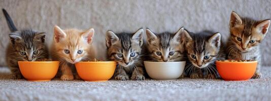 ai generiert sechs klein Kätzchen Essen Essen aus von ein Schüssel foto