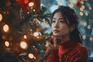 ai generiert asiatisch Frau Trinken ein Kaffee beim Zuhause unter Weihnachten Baum foto