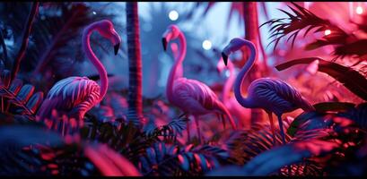 ai generiert bunt tropisch Hintergrund mit Neon- Flamingos foto