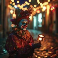 ai generiert Clown von das Karneval beim Nacht foto