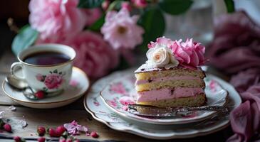 ai generiert Kuchen Scheibe auf ein Teller mit Kaffee und Rosen foto