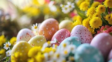 ai generiert Ostern mit ein Explosion von Blühen Blumen ergänzt foto