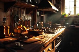 ai generiert gemütlich Küche im ein Haus draußen das Stadt während Kochen foto