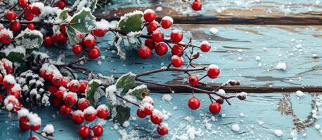 ai generiert bunt Stechpalme Beeren und Winter Schnee auf das Holz Hintergrund foto