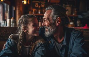 ai generiert Vater und Tochter lächelnd zusammen foto