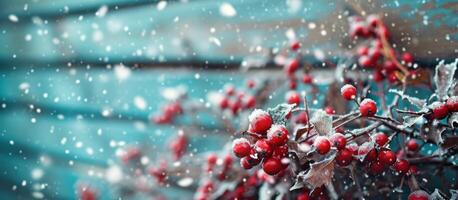 ai generiert rot Stechpalme Beeren gegen ein hölzern Hintergrund mit Schnee foto