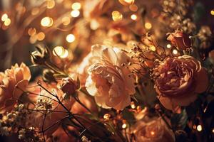 ai generiert Blumen- Strauß von Blumen mit schimmernd Beleuchtung foto