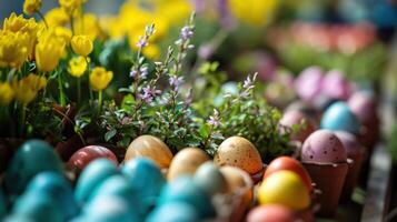 ai generiert Ostern mit ein Explosion von Blühen Blumen ergänzt foto