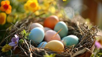 ai generiert Ostern mit ein Explosion von Blühen Blumen ergänzt foto