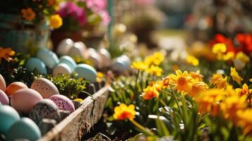 ai generiert Ostern mit ein Explosion von Blühen Blumen ergänzt foto