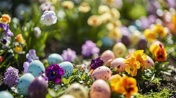 ai generiert Ostern mit ein Explosion von Blühen Blumen ergänzt foto