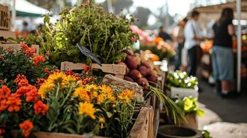 ai generiert Frühling Markt gefüllt mit frisch produzieren, Blumen foto