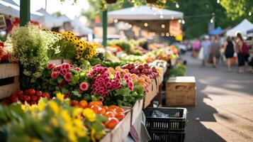 ai generiert Frühling Markt gefüllt mit frisch produzieren, Blumen foto
