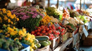 ai generiert Frühling Markt gefüllt mit frisch produzieren, Blumen foto