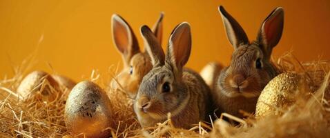 ai generiert Kaninchen hinter golden Eier im Vorderseite von ein Orange Hintergrund foto