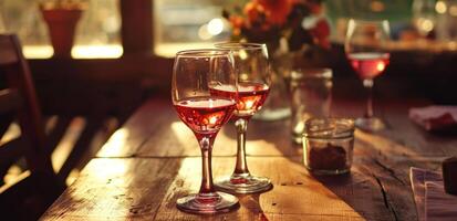 ai generiert Rosa Wein Brille Sitzung auf ein Tabelle foto