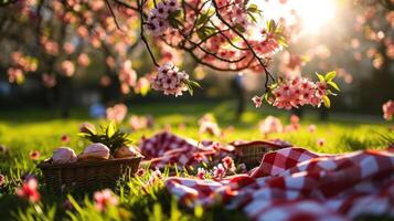 ai generiert Picknick inmitten Blüten foto