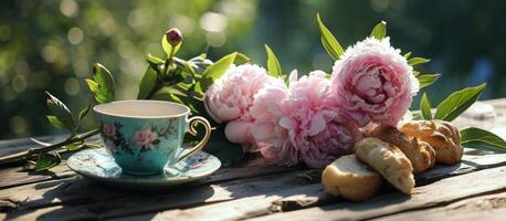 ai generiert Rosa Pfingstrosen und Grün Reben auf ein Tabelle mit ein Kaffee Tasse und Brot foto