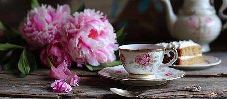 ai generiert Tee Tasse, Kuchen, und ein Rosa Pfingstrose foto