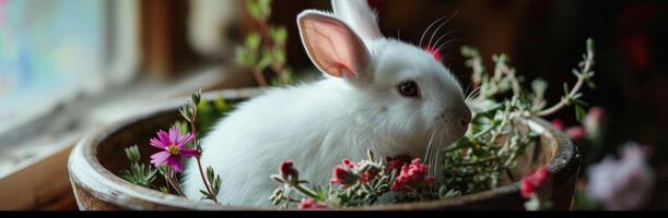 ai generiert Weiß Hase Sitzung im ein Schüssel mit etwas Blumen foto