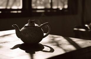 ai generiert Teekanne Über ein Tabelle im das Sonnenlicht foto