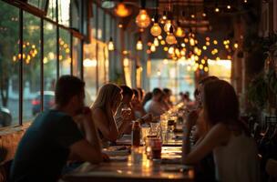 ai generiert viele Menschen sind Sitzung im ein Restaurant foto