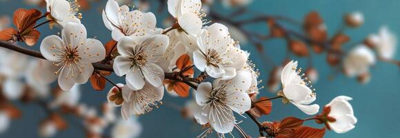 ai generiert Weiß Blumen sind auf ein Ast gegen Blau Hintergrund foto