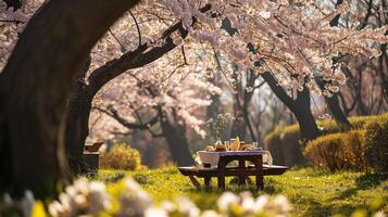 ai generiert Picknick inmitten Blüten foto