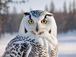 ai generiert schneebedeckt Eule mit Schnee Hintergrund foto