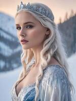 ai generiert schön Schnee Königin mit Krone und lange blond Haar im das Winter foto