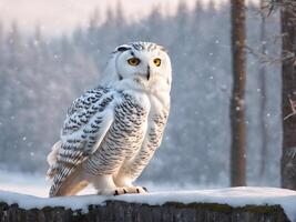 ai generiert schneebedeckt Eule mit Schnee Hintergrund foto