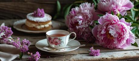 ai generiert Tee Tasse, Kuchen, und ein Rosa Pfingstrose foto