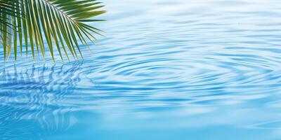 ai generiert Palme Blatt isoliert auf sonnig Blau wellig Wasser Oberfläche, Sommer- Strand Ferien Hintergrund Konzept mit Kopieren Raum foto