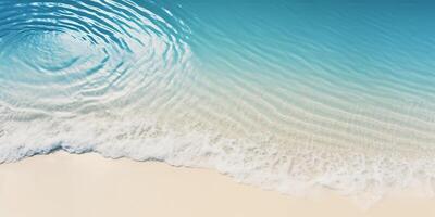 ai generiert Palme Blatt isoliert auf sonnig Blau wellig Wasser Oberfläche, Sommer- Strand Ferien Hintergrund Konzept mit Kopieren Raum foto