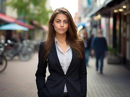 ai generiert frisch und energisch 22 Jahr alt Geschäft Frau im ein Anzug, zu Fuß Straße foto