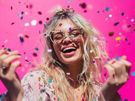 ai generiert Frauen im Sonnenbrille und Brille auf Rosa Hintergrund weht Konfetti foto