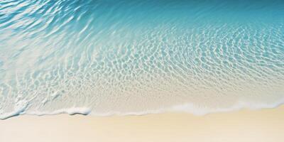 ai generiert Palme Blatt isoliert auf sonnig Blau wellig Wasser Oberfläche, Sommer- Strand Ferien Hintergrund Konzept mit Kopieren Raum foto