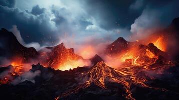 ai generiert feurig Vulkan, sprudelnd Lava, Rauchen Krater. foto