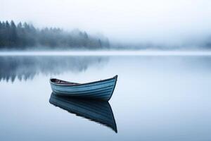 ai generiert ein Ruhe Wasser mit ein einsam Boot foto