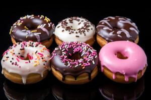 ai generiert gefrostet Donuts sind gezeigt im dunkel Hintergrund foto