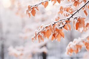 ai generiert schön Baum Geäst bedeckt mit Schnee auf Winter Tag foto