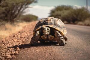 ai generiert Schildkröte Kreuzung Wüste Straße foto